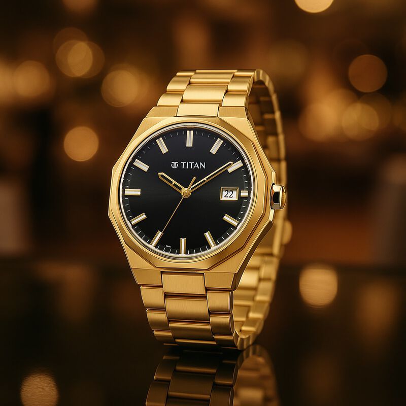 Titan Regalia Dodecagon Quartz Analog with Date Black Dial Golden Stainless Steel Strap Watch For Men