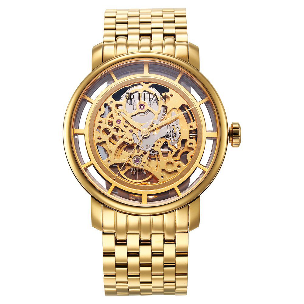 Buy Online Titan Mechanical Slimline Golden Dial Mechanical Stainless Steel Strap watch for Men ns90158ym01 Titan