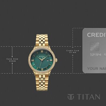 Titan Purple Prestige Quartz Analog with Date Green Dial Golden Stainless Steel Strap Watch For Women