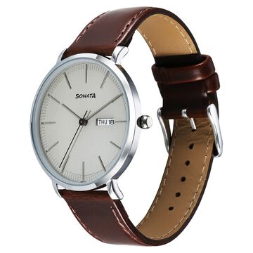 Sonata Ascent Quartz Analog with Day and Date Grey Dial Leather Strap Watch For Men