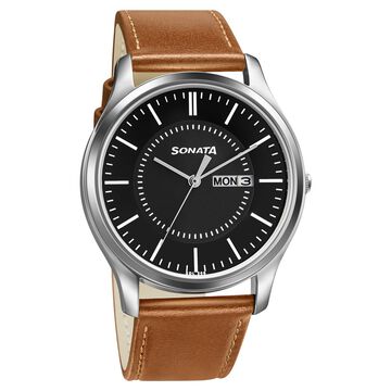 Sonata Quartz Analog with Day and Date Black Dial Leather Strap Watch for Men