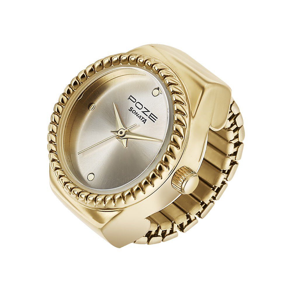 Buy Online Sonata Poze Quartz Analog Golden Dial Golden Color Stainless Steel Strap Ring Watch For Women sp80082ym01w Titan