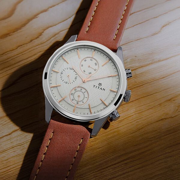 Titan Men's Metropolitan Charm: Men's Multifunctional White Watch with  Leather Strap