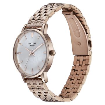 Sonata Poze Quartz Analog Mother of Pearl Round Dial Rose Gold Stainless Steel Strap Watch For Women