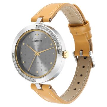Sonata Utsav Grey Dial Peach Leather Strap Watch for Women