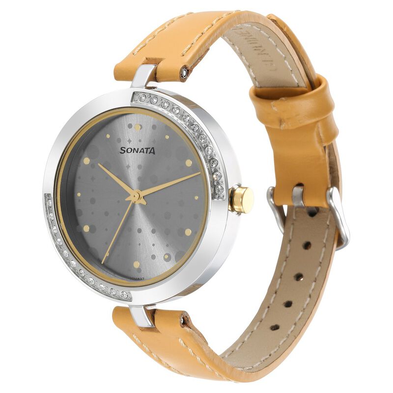 Sonata Utsav Grey Dial Peach Leather Strap Watch for Women - image number 1
