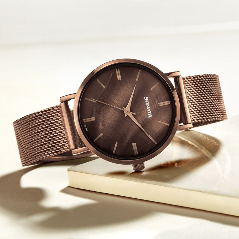 Sonata Quartz Analog Brown Dial Brown Stainless Steel Strap Watch For Women
