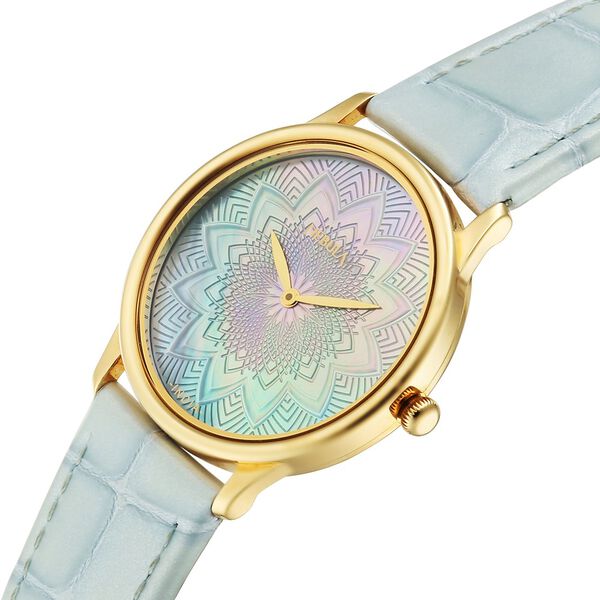 Titan Nebula Lotus 18 KT Gold Quartz Analog Blue Mother of Pearl Dial Leather Strap Watch For Women - image number 3