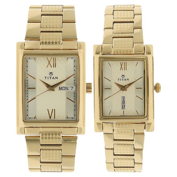 Titan Quartz Analog with Day and Date Silver Dial Stainless Steel Strap Watch for Couple - image number 0