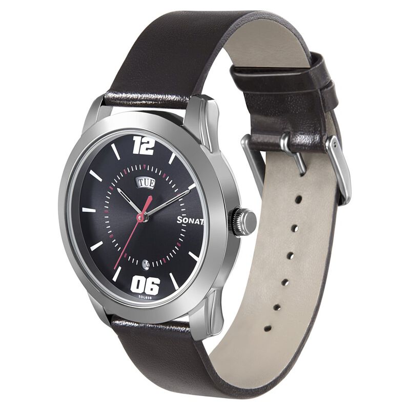 Sonata RPM Quartz Analog with Day and Date Black Dial Leather Strap Watch for Men - image number 1