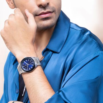 Vyb Arcane By Fastrack Quartz Analog Blue Dial Metal Strap Watch For Guys