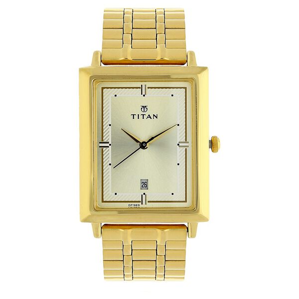 Titan Quartz Analog with Date Champagne Dial Golden Stainless Steel Strap Rectangular Shaped Watch For Men - image number 1