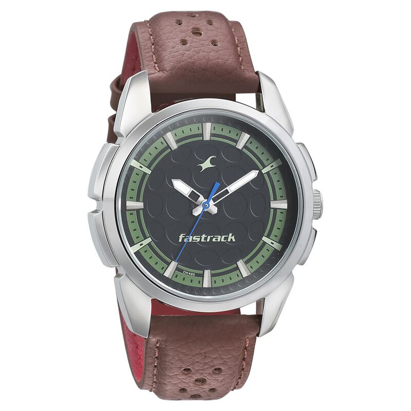 Fastrack Sunburn Quartz Analog Black Dial Leather Strap Watch for Guys