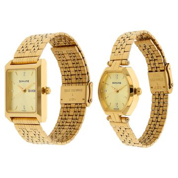 Sonata Quartz Analog with Day and Date Golden Dial Stainless Steel Strap Watch for Couple