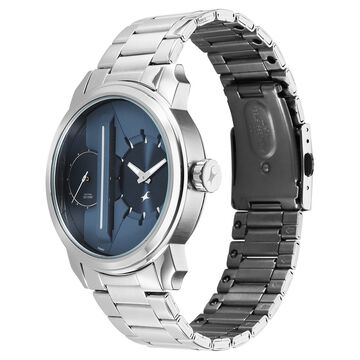 Fastrack Pulse IV Dual Time Analog Watch with Blue Dial & Silver Stainless Steel Strap For Guys