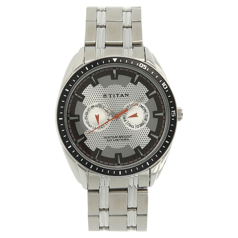 Titan Purple Silver Dial Analog with Day and Date Stainless Steel Strap Watch for Men