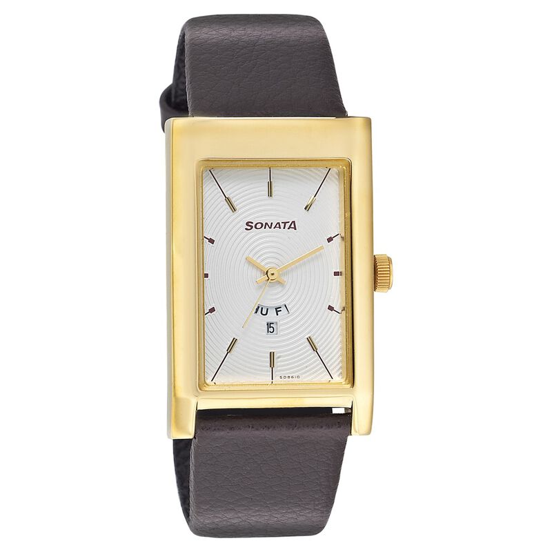 Sonata Quartz Analog with Day and Date Silver Dial Leather Strap Watch for Men