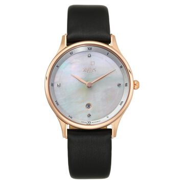 Xylys Swiss Analog with Date Black Leather Strap Mother of Pearl Dial Watch For Women