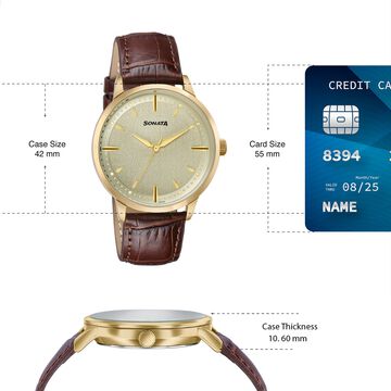 Sonata Jashn Quartz Analog Golden Dial Brown Leather Strap Watch For Men