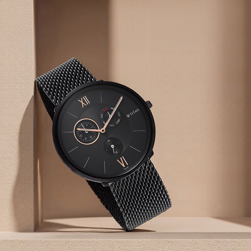 Titan Men's Slimline Multifunction Watch with Elegant Weave Strap