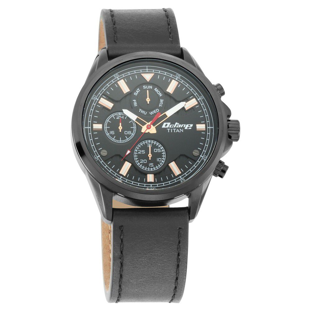 Buy Online Titan Quartz Multifunction Black Dial Leather Strap