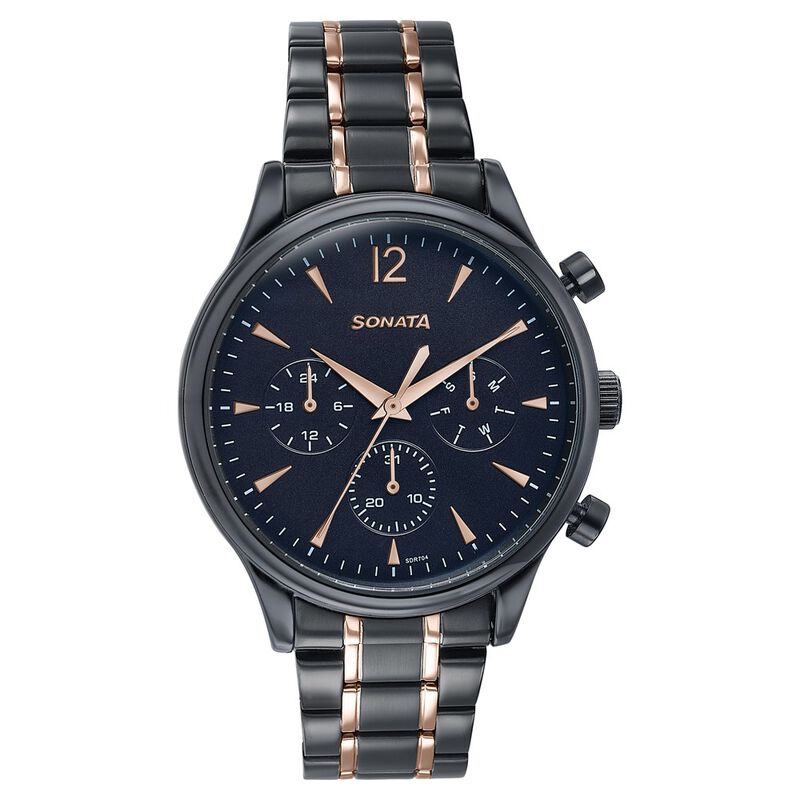 Sonata Wedding Edit Quartz Multifunction Black Dial Stainless Steel Strap Watch For Men