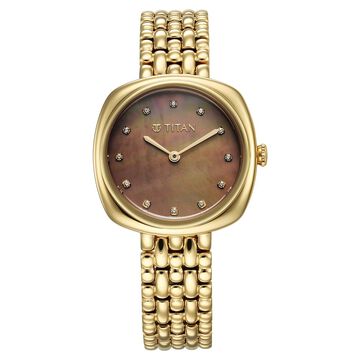 Titan Aura Quartz Analog Brown Mother of Pearl Dial Golden Stainless Steel Strap Watch for Women