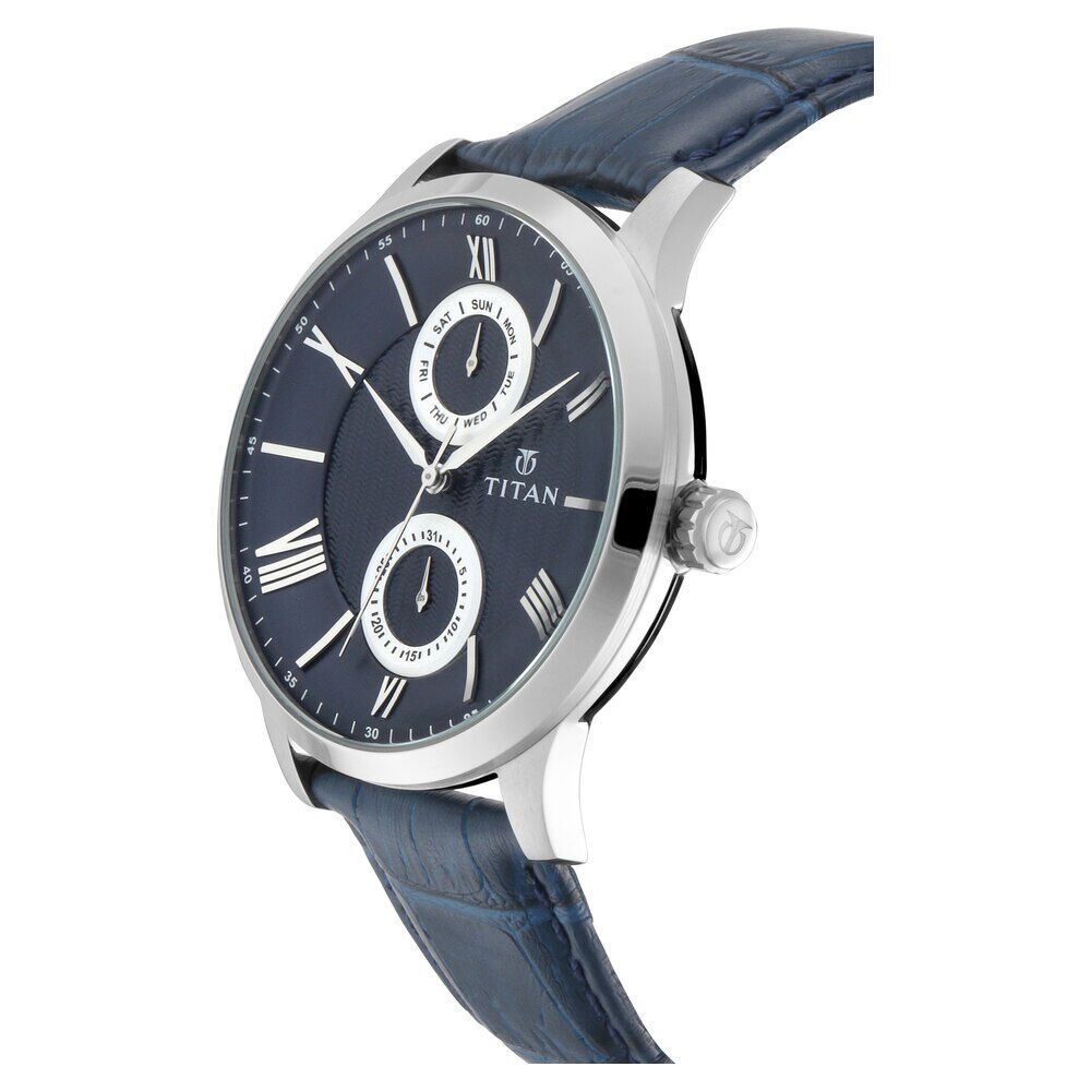 Buy Online Titan On Trend Blue Dial Quartz Multifunction Leather Strap watch for Men nq90100sl02 Titan
