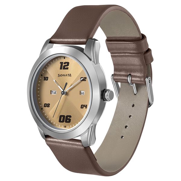 Sonata RPM Quartz Analog with Day and Date Beige Dial Leather Strap Watch for Men - image number 1