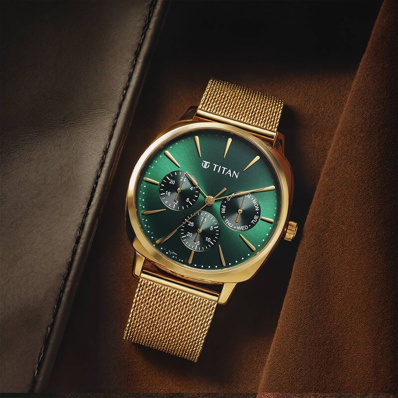 Titan Classique Suave Quartz Green Dial Golden Stainless Steel Mesh Strap Watch for Men