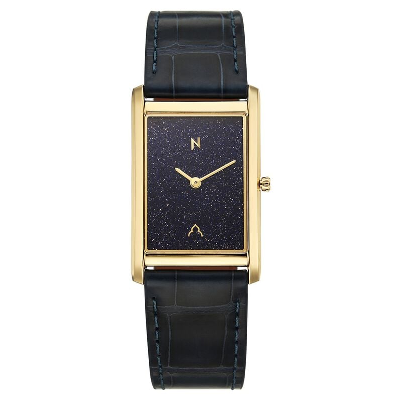 Titan Nebula Amer Stone 18 KT Gold Quartz Analog Aventurine Dial Blue Leather Strap Watch For Men