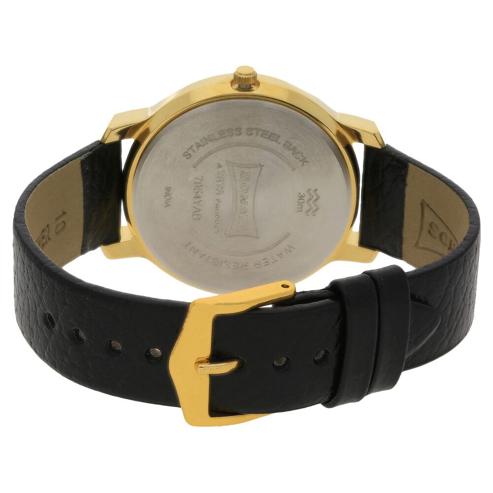 Buy Online Sonata Quartz Analog with Day and Date Champagne Dial Leather Strap Watch for Men nk7954yl05 Titan