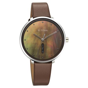 Titan Neo Analog with Day and Date Mother Of Pearl Dial Brown Color Leather Strap Watch For Women