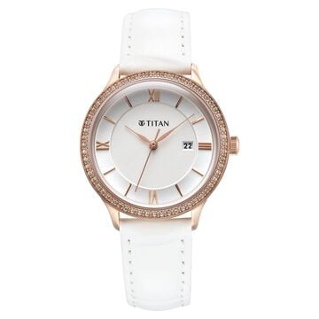 Titan Bright Leathers Silver Dial Analog with Date Leather Strap watch for Women