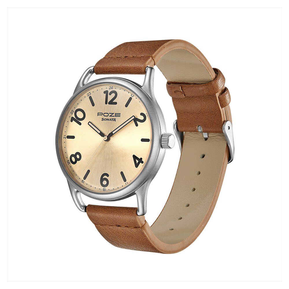 Buy Online Poze by Sonata Quartz Analog Beige Dial PU Leather Strap Watch for Men sp70014sl01w Titan