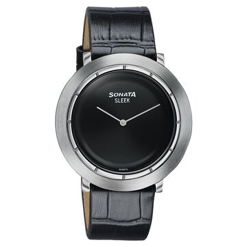 Sonata Sleek Black Dial Silver-Tone Leather Strap Watch