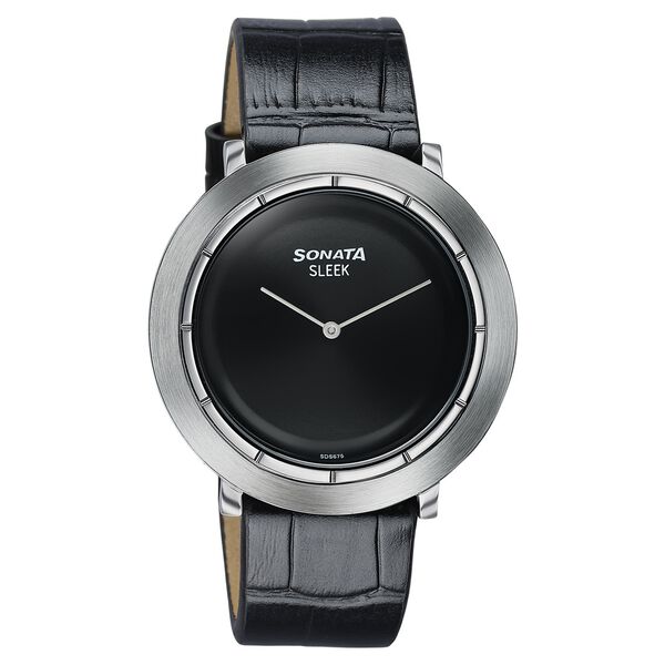 Sonata Sleek Black Dial Silver-Tone Leather Strap Watch - image number 1