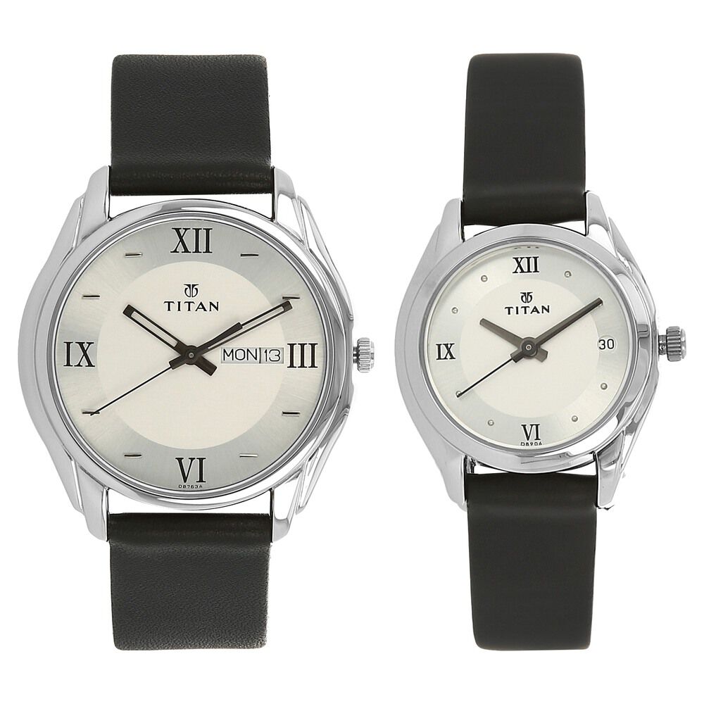 Buy Online Titan Analog with Day and Date Silver Dial Leather Strap watch for Couple ns15782489sl03p Titan