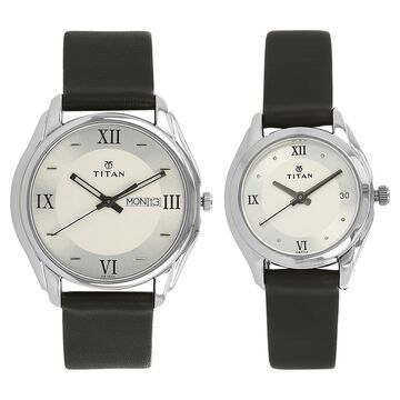 Titan Analog with Day and Date Silver Dial Leather Strap watch for Couple