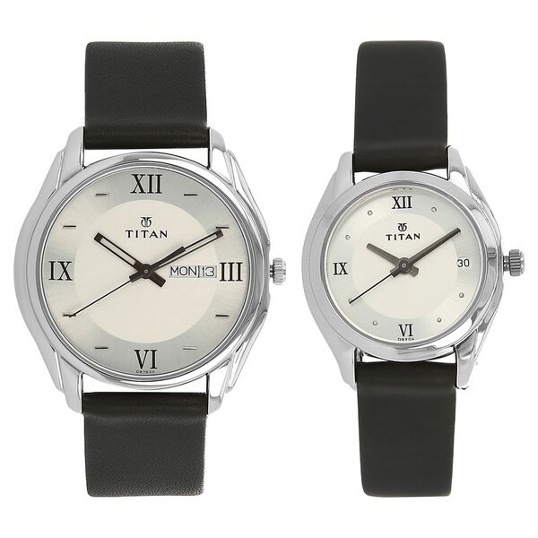 Titan Analog with Day and Date Silver Dial Leather Strap watch for Couple - image number 0