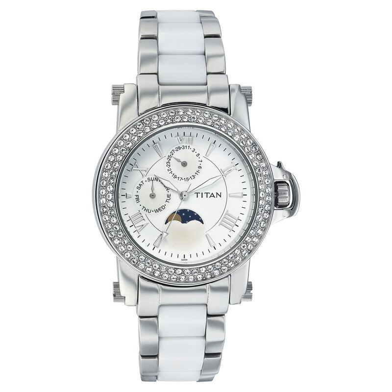 Titan Quartz Multifunction with Moon Phase White Dial Watch for Women