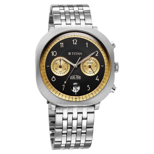 Titan Timeless Treasures Quartz Analog Dual Time Black Dial With Silver Color Stainless Steel Strap Watch For Men - image number 1