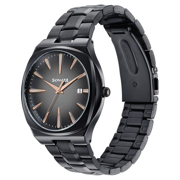 Sonata Festive Quartz Analog Black Dial Black Metal Strap Watch For Men - image number 2