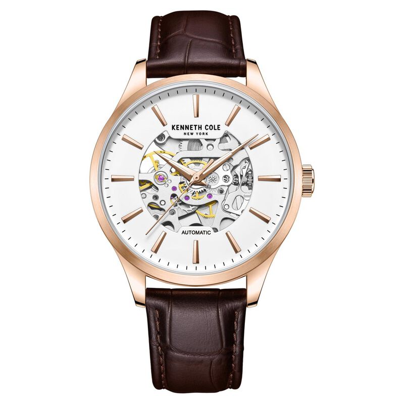 Kenneth Cole Automatic White Dial Leather Strap Watch For Men