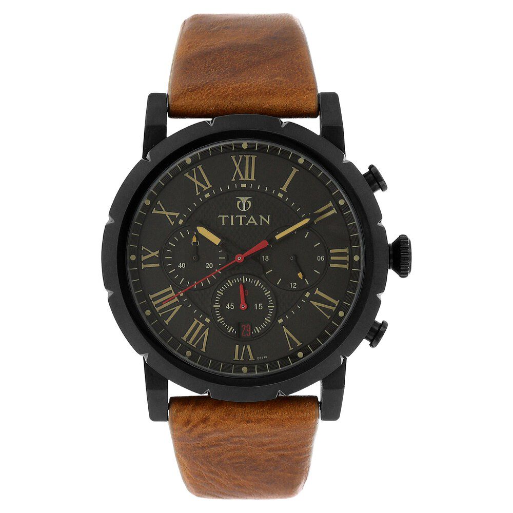 Buy Online Titan Quartz Analog with Date Black Dial Leather Strap