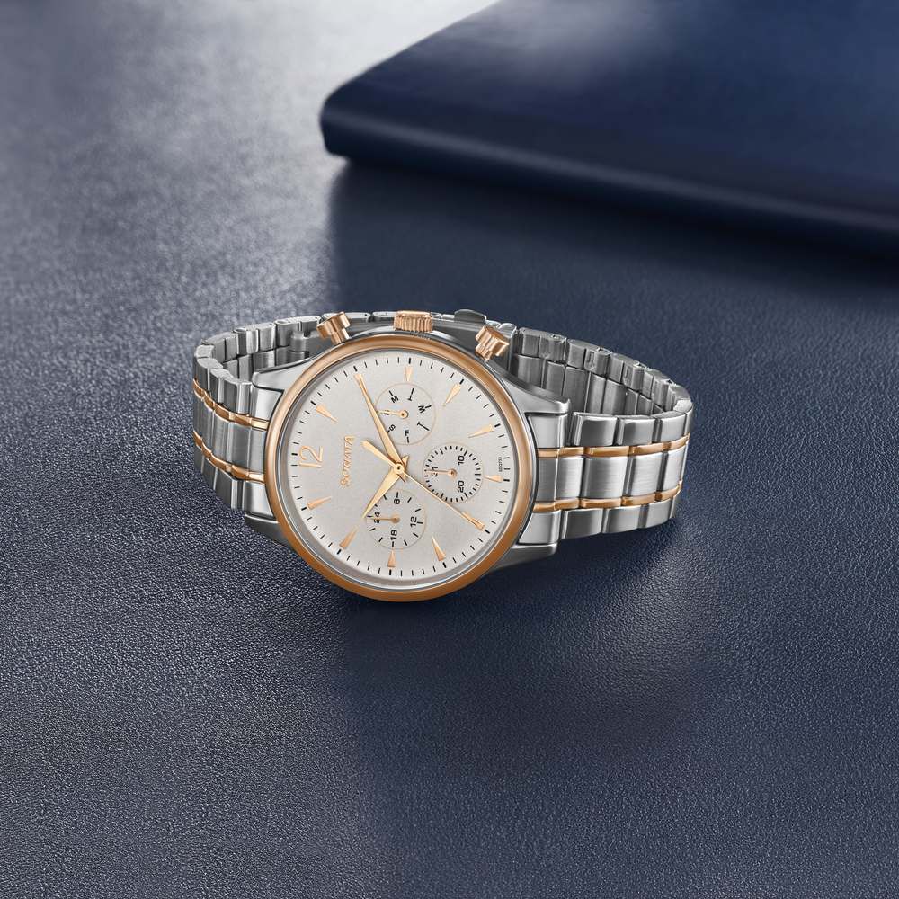 Buy Online Sonata Quartz Multifunction Pink Dial Two Toned Stainless Steel Strap Watch For Men 77146km01 Titan