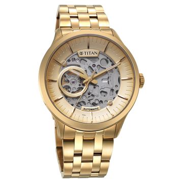 Titan Metal Mechanicals Golden Dial Golden Stainless Steel Strap Watch for Men