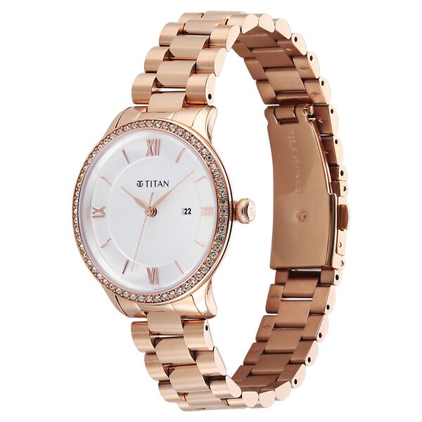 Titan Purple Prestige Quartz Analog with Date White Dial Rose Gold Stainless Steel Strap Watch For Women - image number 2
