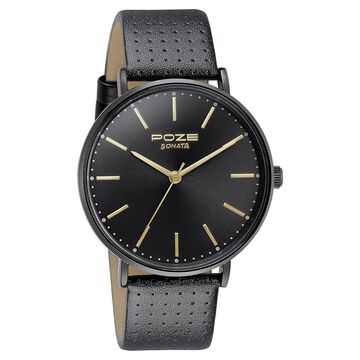 Sonata Poze Quartz Analog Black Dial Leather Strap Watch for Men