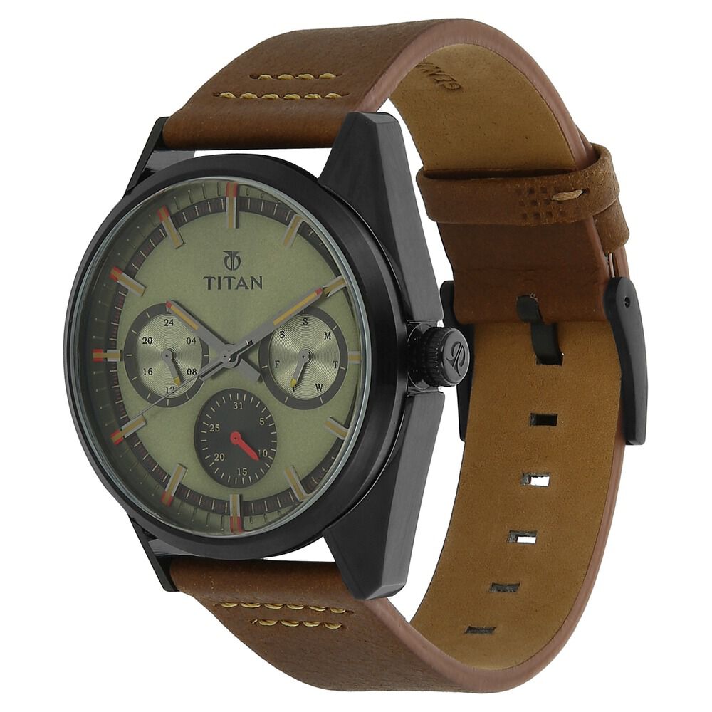 Titan PURPLE PAST MODERN Green Dial Quartz Multifunction Leather Strap watch for Men